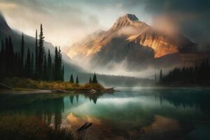 ai generiert majestätisch Berge drohend Über ein still See, mit Nebel steigend von das Wasser und das Himmel gemalt im ein dramatisch Mischung von warm und cool Farben. foto