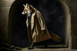 ai generiert gerissen Fuchs im ein Detektiv Graben Mantel taucht auf von ein Portal, bereit zu lösen ein Geheimnis. foto