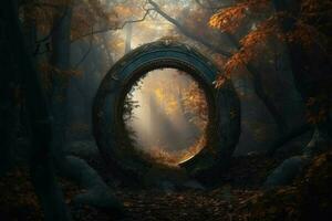 ai generiert mystisch Portal erschien im das Mitte von das Wald, Angebot ein Blick in ein Welt von Fantasie außerhalb. foto