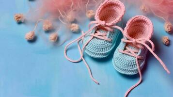 Junge oder Mädchen. Stricken zum neugeboren, häkeln. Stiefeletten, oben Aussicht auf ein Sanft Rosa Blau Beige Hintergrund, Zärtlichkeit, Stricken Nadeln, wolle, Spitze Band, ai generiert foto