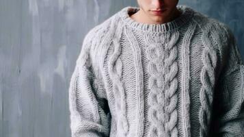 ein Mann im ein gestrickt Sweatshirt auf ein Sanft grau Hintergrund. Stricken und Häkeln. Handarbeiten.ai generiert foto