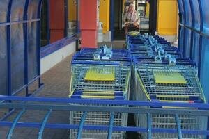 sankt Petersburg Russland - - 07 12 2023 Einkaufen Trolleys geparkt im ein Wagen Park beim ein Supermarkt foto
