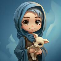 Hijab Mädchen tragen Blau Farbe Kleid und halt Ziege foto