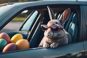 Ostern Hase genießen Auto Reiten während Urlaub Abenteuer, Säugetier wie inländisch Haustier im Fahrzeug Transport, ai generiert foto