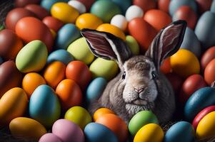 inländisch Hase mit Ostern Eier, Urlaub Feier, mehrfarbig Essen und Tier Tradition, ai generiert foto