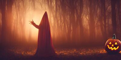 Herbst Halloween Feier mit gespenstisch Hexe, Kürbisse, und Grusel im ein Wald Szene, ai generiert foto