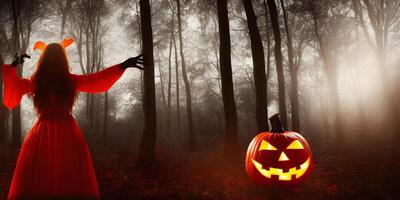 Herbst Halloween Feier mit gespenstisch Kürbislaterne Kürbis, rot Bäume, und Grusel Angst Atmosphäre und unheimlich Hexe, ai generiert foto