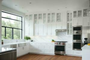 luxuriös Küche mit Holz Bodenbelag, Schrank usw Fenster, ai generiert foto