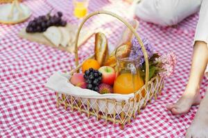 Picknick Mittagessen Mahlzeit draußen Park mit Essen Picknick Korb. genießen Picknick Zeit im Park Natur draussen foto