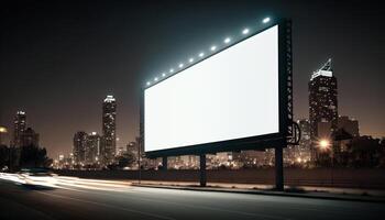 Plakatwand Attrappe, Lehrmodell, Simulation. Digital Medien leer Werbetafel, Schild zum Produkt Werbung, Design, Werbung Licht Box Werbetafel. Plakatwand Attrappe, Lehrmodell, Simulation gegen Nacht Stadt Hintergrund, Kopieren Raum. generativ ai foto