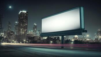 Plakatwand Attrappe, Lehrmodell, Simulation. Digital Medien leer Werbetafel, Schild zum Produkt Werbung, Design, Werbung Licht Box Werbetafel. Plakatwand Attrappe, Lehrmodell, Simulation gegen Nacht Stadt Hintergrund, Kopieren Raum. generativ ai foto