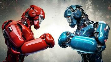 Wettbewerb von ai künstlich Intelligenz Technologie Geschäft Konzept, rot und Blau ai künstlich Intelligenz Humanoid Roboter Boxen Gesicht aus ein Kandidat im ein Boxen passen, generativ ai Illustration foto
