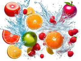 ein frisch bunt lecker Obst planschen in kalt Wasser isoliert auf Weiß Hintergrund. generativ ai. foto