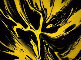 3d Flüssigkeit abstrakt Gelb Textur auf schwarz Hintergrund, ai Generation. foto