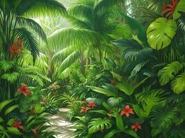 Urwald auf ein sonnig Tag schön tropisch Wald mit Pflanzen Blumen Palme Bäume. generativ ai. foto