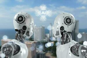 2 Humanoid Roboter Stand Gesicht zu Gesicht auf futuristisch Hintergrund. Roboter kybernetisch Organismus funktioniert mit ein virtuell hud Schnittstelle im erweitert Wirklichkeit. Zukunft Konzept. foto