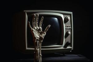 ein Hand erreichen aus beim ein alt Fernsehen erstellt mit generativ ai Technologie. foto