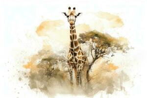 Aquarell Gemälde von ein Giraffe auf ein Weiß Hintergrund. foto