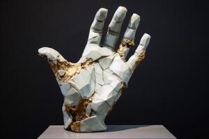 ein Skulptur von ein gebrochen Mensch Hand erstellt mit generativ ai Technologie. foto