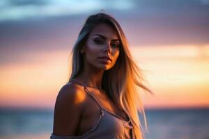 attraktiv Frau tragen ein Bikini beim das Strand während Sonnenuntergang erstellt mit generativ ai Technologie. foto