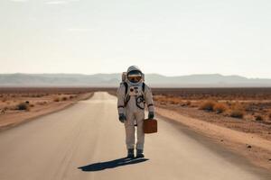 ein Trampen Astronaut auf ein einsam Straße erstellt mit generativ ai Technologie. foto