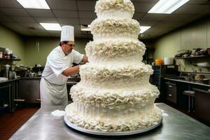 ein Gebäck Koch Herstellung ein enorm Hochzeit Kuchen. foto