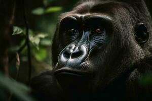 ein Porträt von ein groß männlich Gorilla im das Urwald erstellt mit generativ ai Technologie. foto