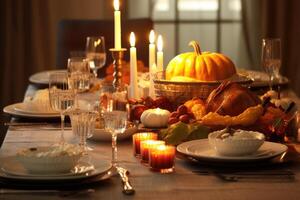 das Erntedankfest Abendessen mit Truthahn. Herbst Tabelle Rahmen mit Kürbisse und Kerzen. fallen Zuhause Dekoration. generativ ai foto