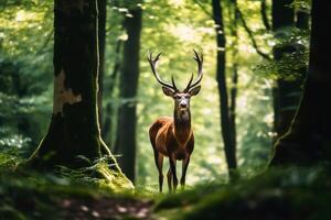 wild Hirsch im ein Wald erstellt mit generativ ai Technologie. foto