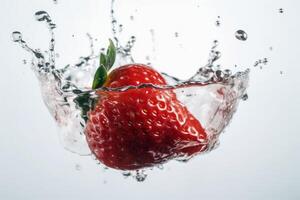 Erdbeeren fallen in Wasser mit spritzt auf ein Weiß Hintergrund erstellt mit generativ ai Technologie. foto