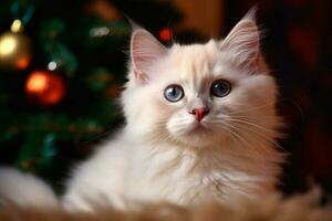 flauschige Weiß persisch Kätzchen mit Blau Augen auf das Hintergrund von das Weihnachten Baum. ai generiert foto