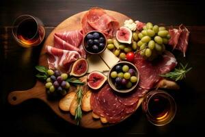 Antipasti Perfektion oben Aussicht von Wurstwaren Tafel mit Prosciutto, Salami, Oliven, und Rose Wein Ideal zum Menüs und Kochbücher ai generiert foto