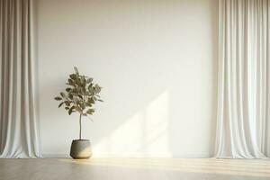 Zimmer leeren Hintergrund ein Pflanze Attrappe, Lehrmodell, Simulation Innere Zimmer mit Vorhang ein Pflanze im Vorderseite. sauber Weiß Zimmer minimal mit Kopieren Raum Banner ai generiert foto