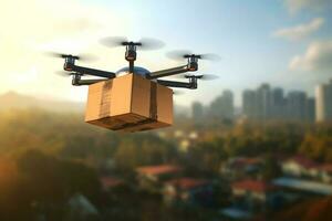 futuristisch Drohne Lieferung revolutionieren Geschäft Luft Transport mit unbemannt Flugzeug Roboter, Paket fliegend durch das Luft aus ein Drohne ai generiert foto