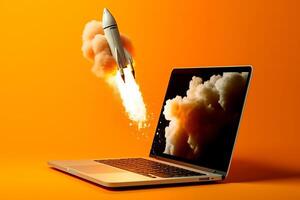 Laptop Bildschirm schießt Rakete, Orange Hintergrund, ai generiert foto