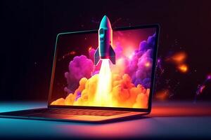 Laptop Bildschirm Rakete Anfang mit Neon- Hintergrund, ai generiert foto