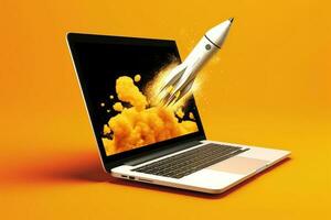 Laptop Bildschirm schießt Rakete, Orange Hintergrund, ai generiert foto