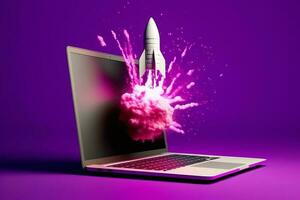Laptop Bildschirm schießt lila Rakete, ai generiert foto