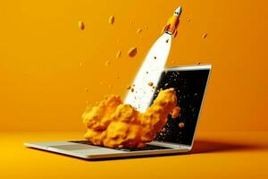 Laptop Bildschirm schießt Rakete, Orange Hintergrund, ai generiert foto