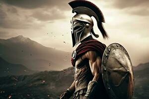 spartanisch Soldat auf Schlachtfeld mit Helm, ai generiert foto