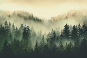 zauberhaft Nebel Jahrgang retro Hipster Stil Tanne Wald Landschaft ai generiert foto