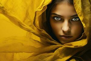 ein schön Frau mit golden Augen erstellt mit generativ al Technologie foto