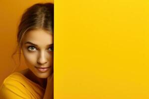 Frau mit lange Haar im das Stil von Gelb erstellt mit generativ al Technologie foto