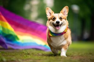 Corgi im das Park mit ein lgbt Flagge. Corgi mit Regenbogen Schal. generativ ai foto