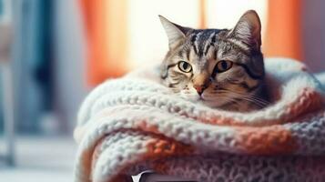warm und kuschelte - - süß Katze im gestrickt Schal - - generativ ai foto