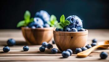 sommerlich Glückseligkeit - - Blaubeere Eis Sahne auf ein rustikal hölzern Tabelle - - generativ ai foto