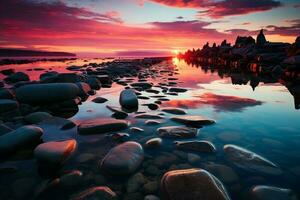 ein faszinierend Sonnenuntergang Hintergrund, Hervorheben Zen Steine eingetaucht im Wasser ai generiert foto