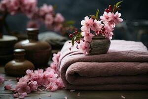 Vorderseite Aussicht von ein Wellness Hintergrund, Spa Steine, Rosa Blumen, Handtücher ai generiert foto