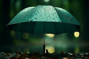 Regenschirm bietet Schutz inmitten Wasser Tröpfchen im ein regnerisch Wetter Konzept ai generiert foto