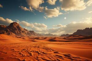 global Erwärmen porträtiert im ein dramatisch Wüste Szene mit unfruchtbar Sand Dünen ai generiert foto